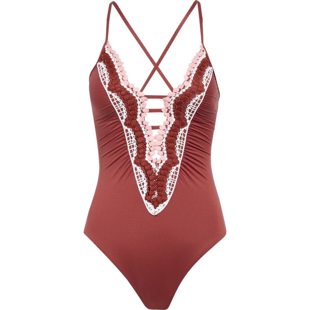 Becca Delilah Brown Plunge Neck Crochet One Piece Swimsuit Size Small - Picture 3 of 11
